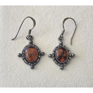 Vintage Sterling Silver 925 Amber Cabochon Gemstone Dangle Earrings Patina 3.81g